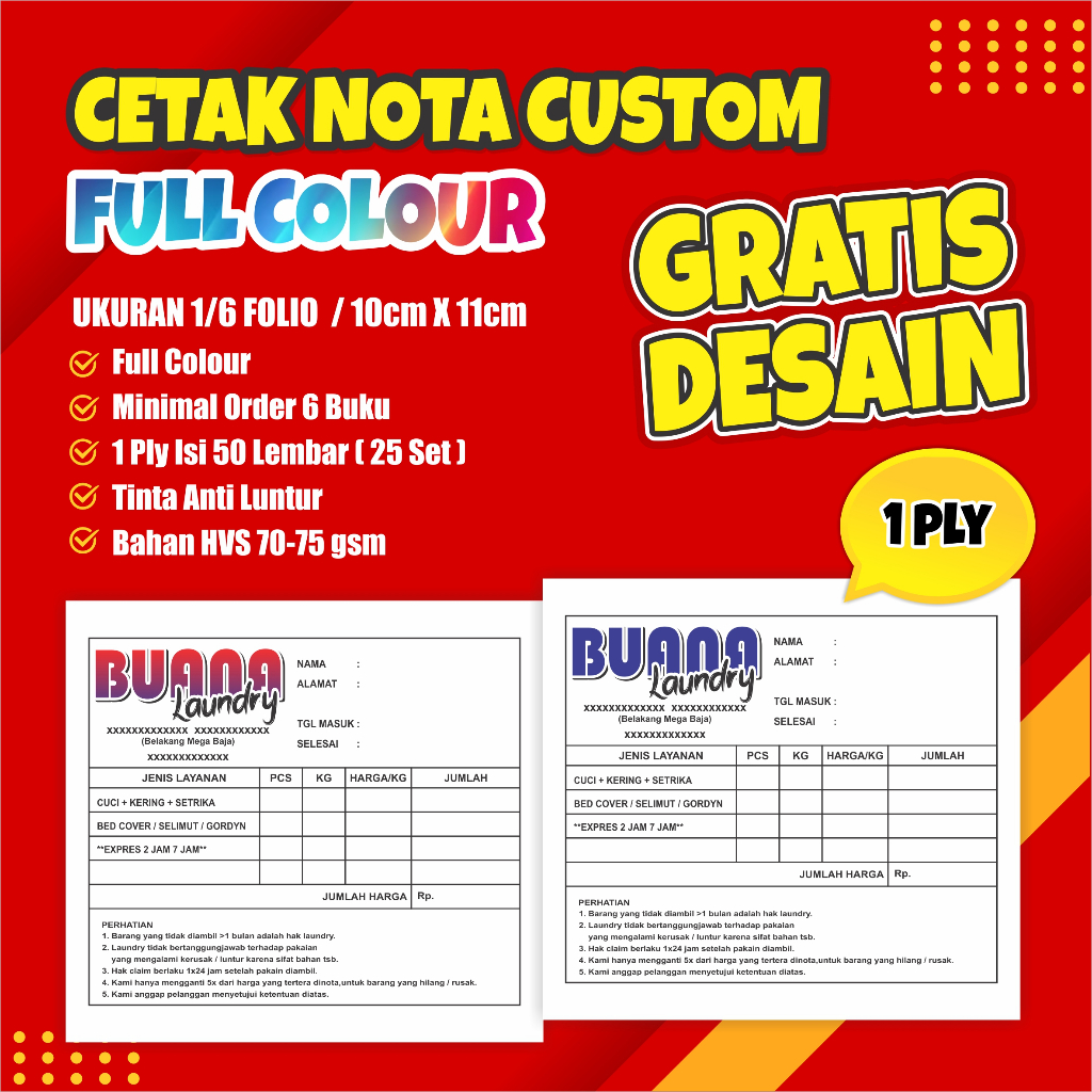 

Cetak Nota Full Colour 1 Ply Ukuran 1/6, Cetak Nota Nama Toko Sendiri