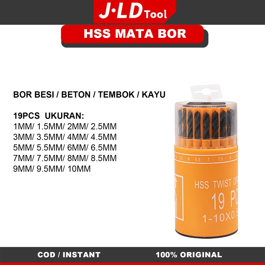 JLD 19pcs HSS Mata Bor HSS Twist Drill Set 1mm-10mm bor besi bor beton bor tembok bor kayu BISA COD