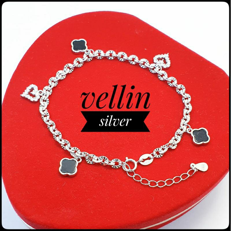Gelang Tangan Vancleef Silver 925 Asli - Gelang Perak Wanita Bunga Hitam Perak 925