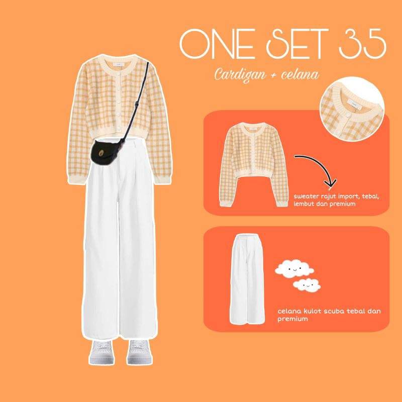 one set outfit korea, ootd korea, korean style, cardigan, set wanita (one set orange 35)
