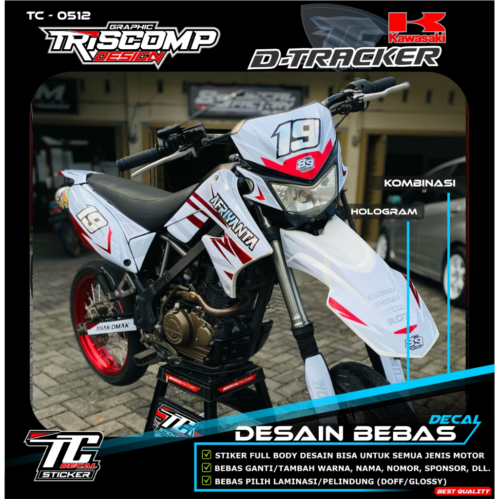 Sticker custom decal klx old dtracker 150 lama motif putih kombinasi nomor hologram stiker timbul bi
