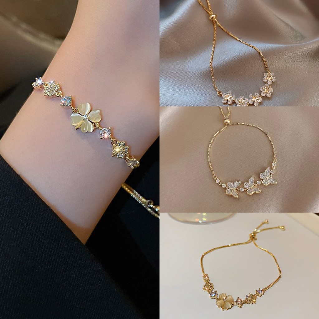 LEERE - Gelang Zirkon Bunga Serut Gaya Casual Kekinian Wanita Korea Mewah Zirkon Couple Gelang  Wani