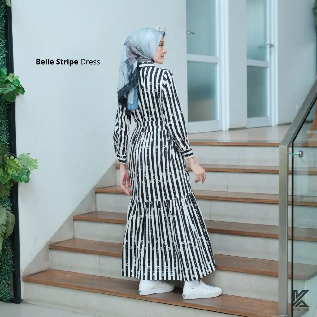 KORINA BELLE STRIPE DRESS BLACK SALUR HITAM PUTIH BAHAN KATUN