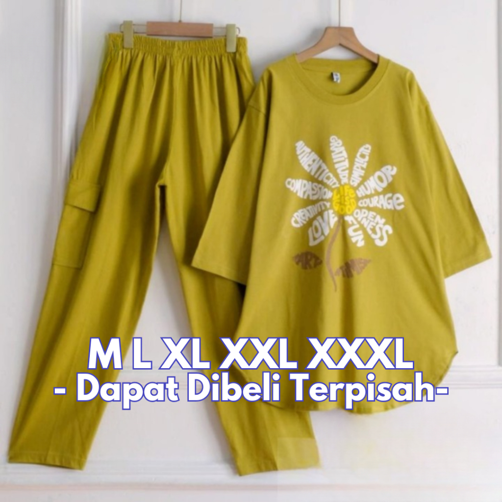 Baju Setelan Wanita Celana Cargo Kinan Set BO M L XL XXL XXXL Bahan Kaos Katun Combed One Set Korean