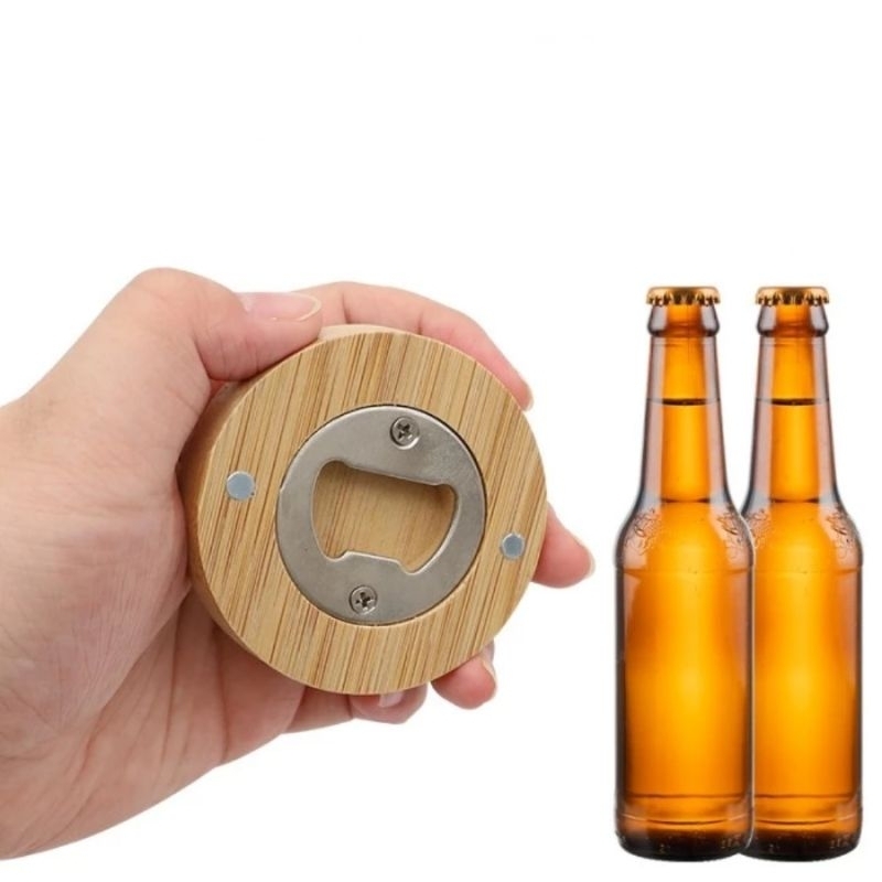 Alat Pembuka Botol Bir Kulkas Magnet Bulat Bambu Magnetik