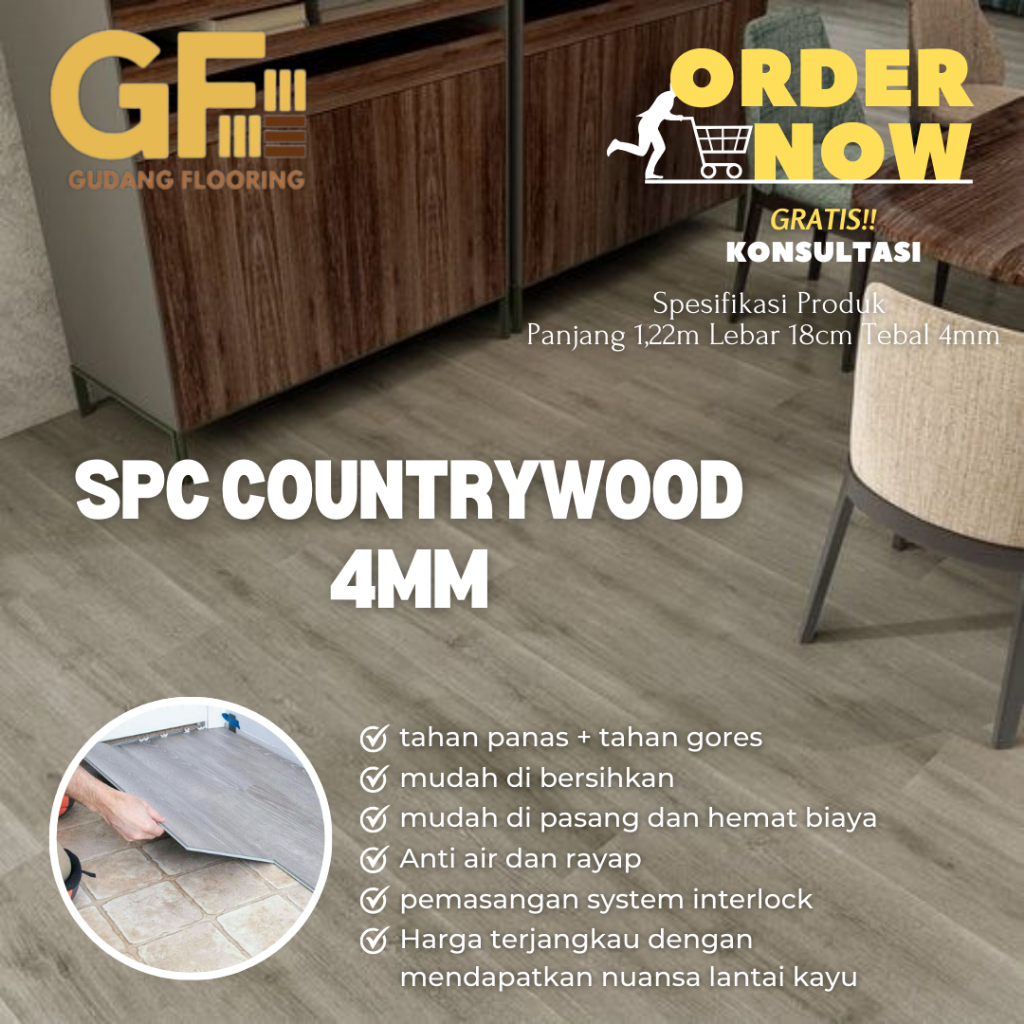 Lantai SPC Vinyl Klik COUNTRYWOOD - Click System Flooring Tebal 4mm