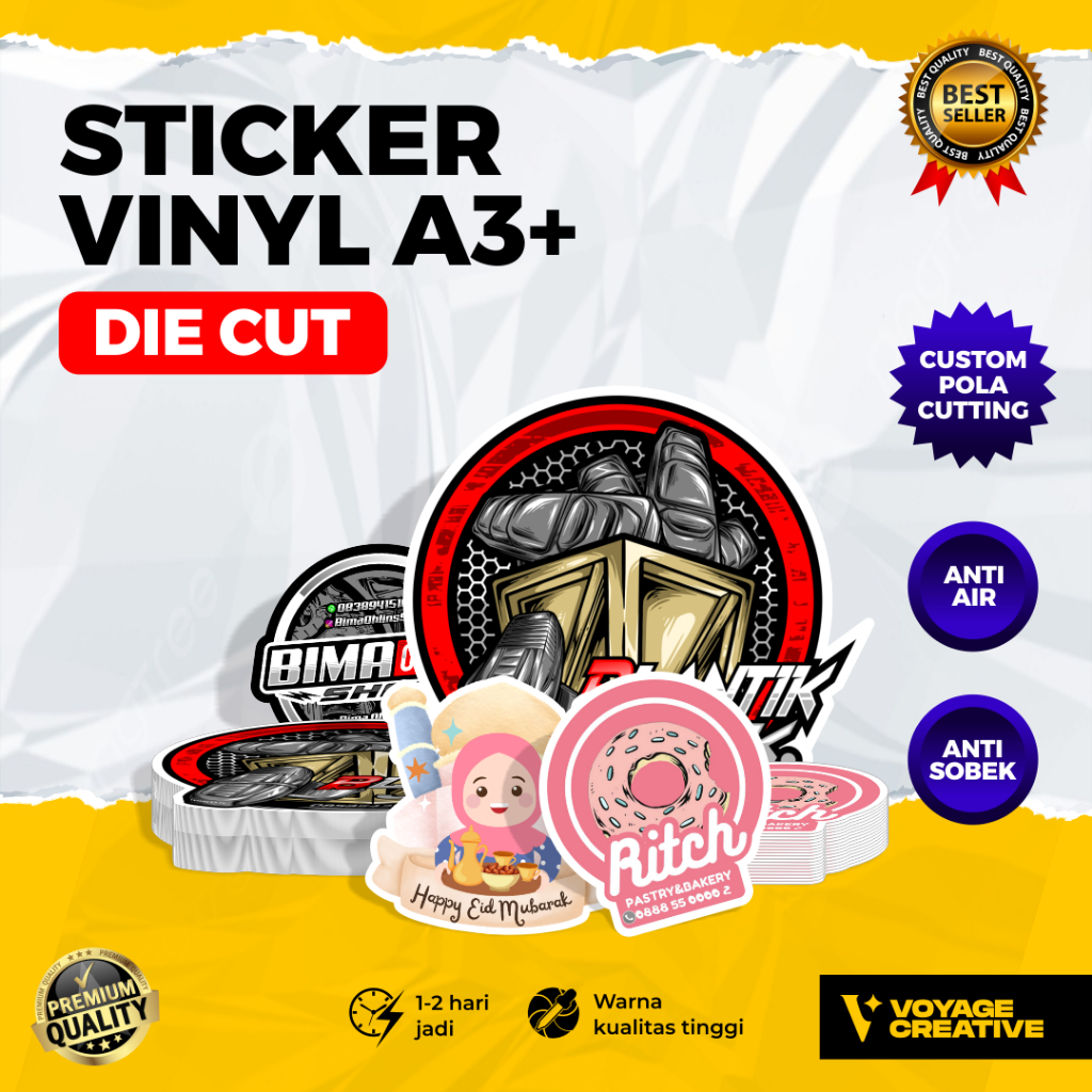 

CETAK STIKER VINYL ANTI AIR - POTONG POLA/DIE CUTT - CUSTOM DESAIN