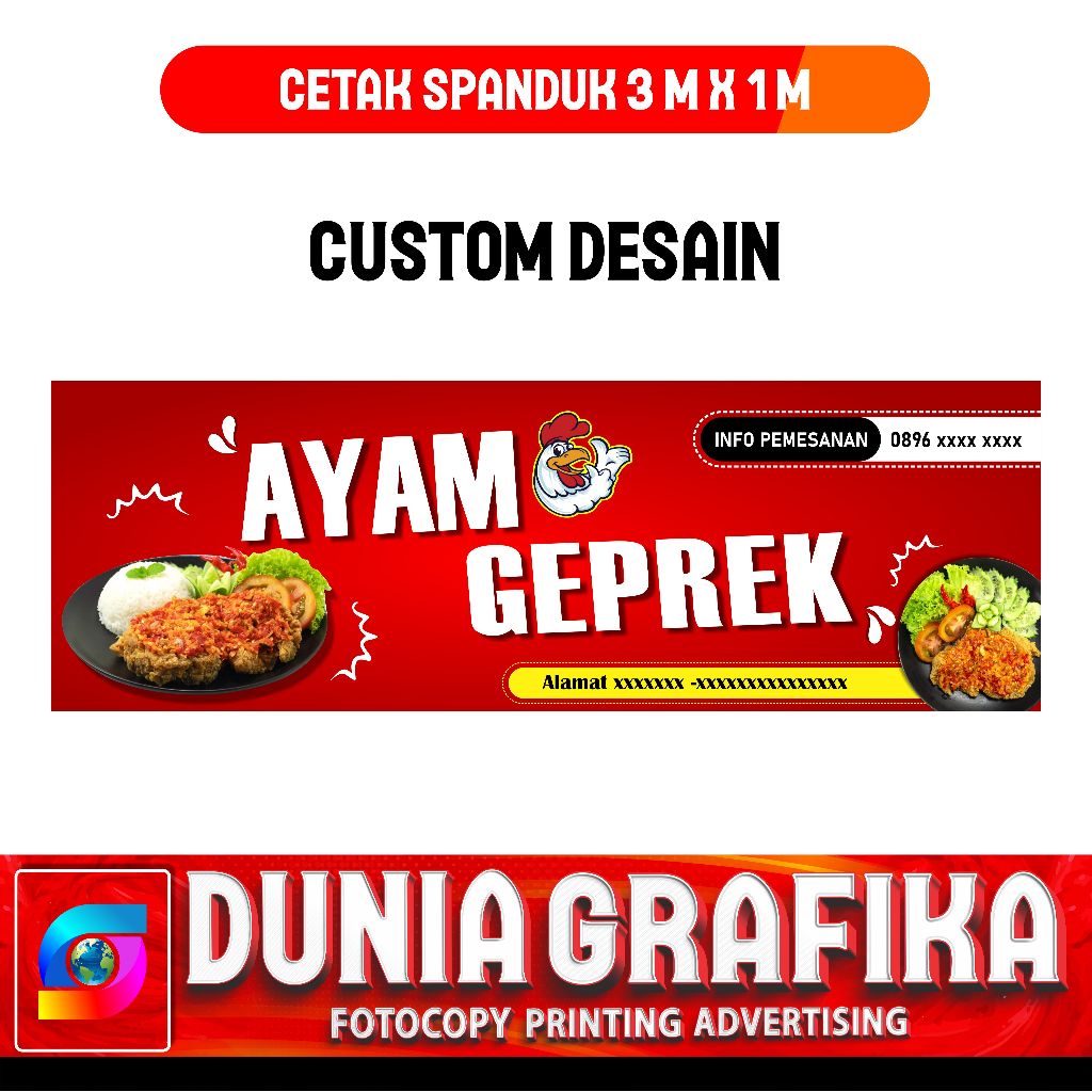 Cetak SPANDUK / BANNER Ayam Geprek Murah Ukuran 3 x 1 Meter dan 4 x 1 Meter Custom Desain dan Ukuran