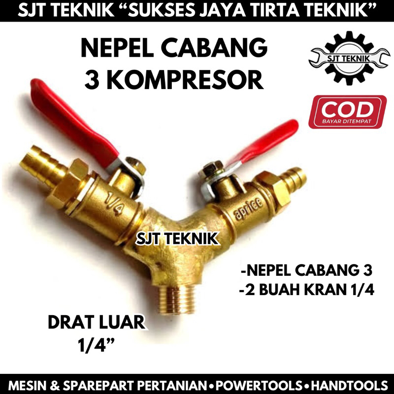 Paket lengkap kran 1/4 nepel cabang 3 kompresor