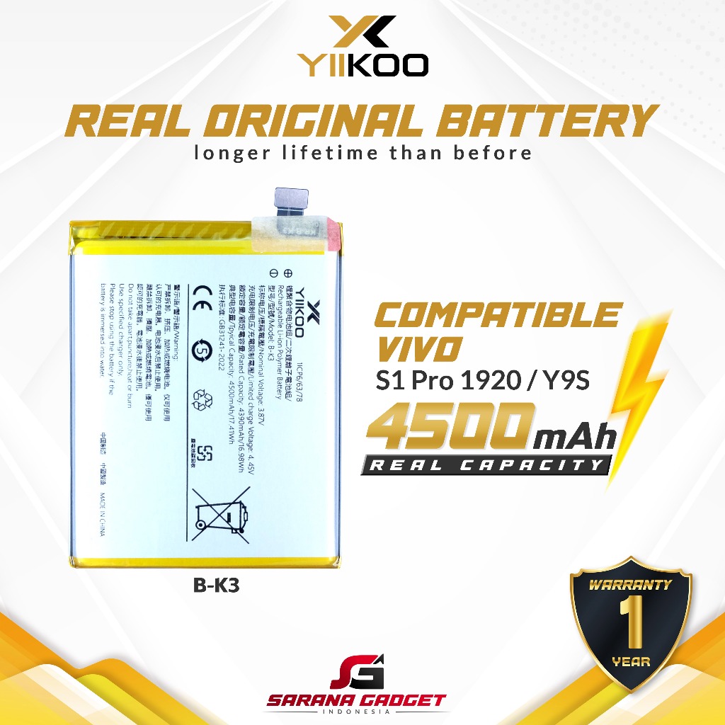 YIIKOO Baterai Vivo S1 Pro 1920 Y9S B-K3 BK3 Double Power Real Capacity Batre Batrai Batre Battery O