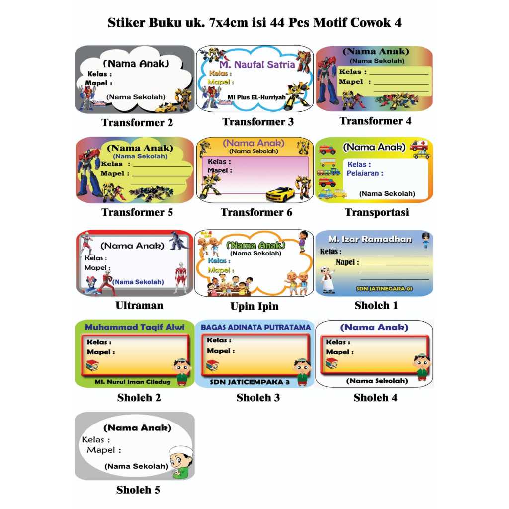Stiker buku Motif Cowok 4 uk.7x4/Label Buku/Stiker Nama Buku/Label Nama Buku/Stiker Mapel untuk Anak