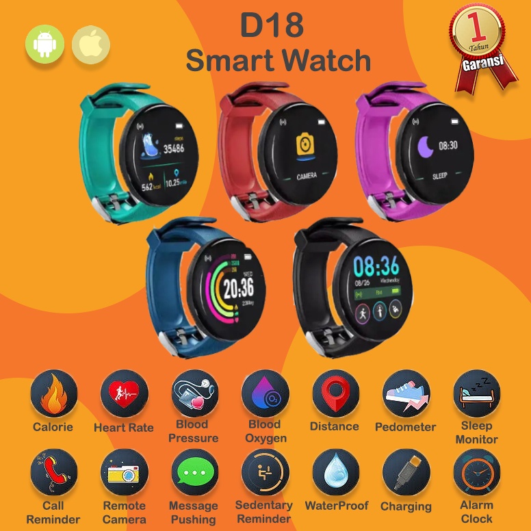 SmartWatch D18 jam tangan pintar Olahraga Tahan Air Pria dan Wanita Bluetooth Digital Jam Tangan Pin