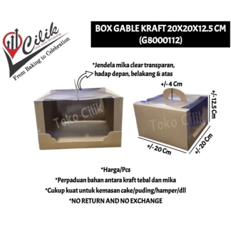 

box gable kraft 20x20x12.5 cm dus kemasan cake kue puding hampers