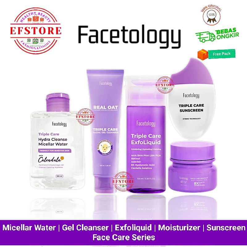 FACETOLOGY Micellar Water | Gel Cleanser | Exfoliating Toner | Moisturizer Gel | Sunscreen SPF 40 PA