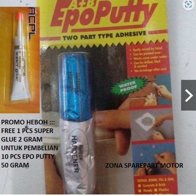 

Sabet Promo EPO Putty PORTING LEM KAPAL water proof 5 gram ALTECO SPECIAL BONUS SUPER GLUE 2 GRAM SETIAP PEMBELIAN 1 PCS DAN KELIPATANNYA