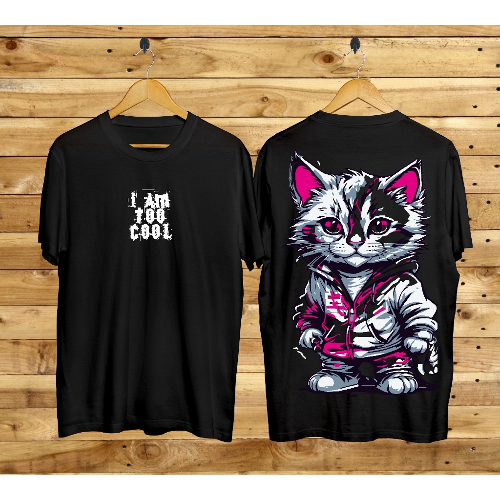 Kaos Distro pria Kaos Motif Cat Im Too Cool Hitam Baju Kaos Lengan Pendek couple Keren Kaos Viral At