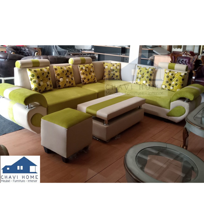 set sofa L dengan meja dan stool lengkap bantal sofa santai tempat duduk tamu cantik