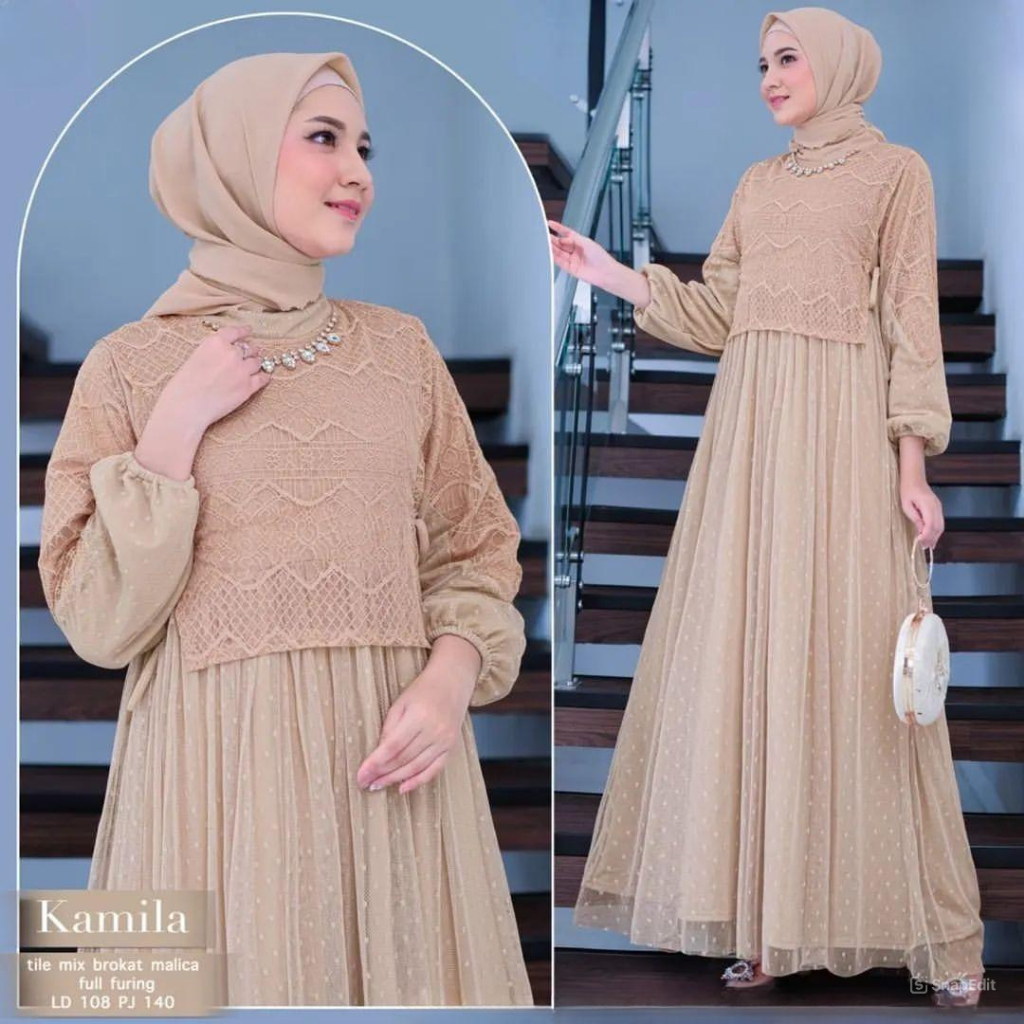KAMILA DRESS TILLE DOT FULL FURING MIX BRUKAT MALIKA / GAMIS KONDANGAN L XL / DRESS PESTA REMAJA DEW