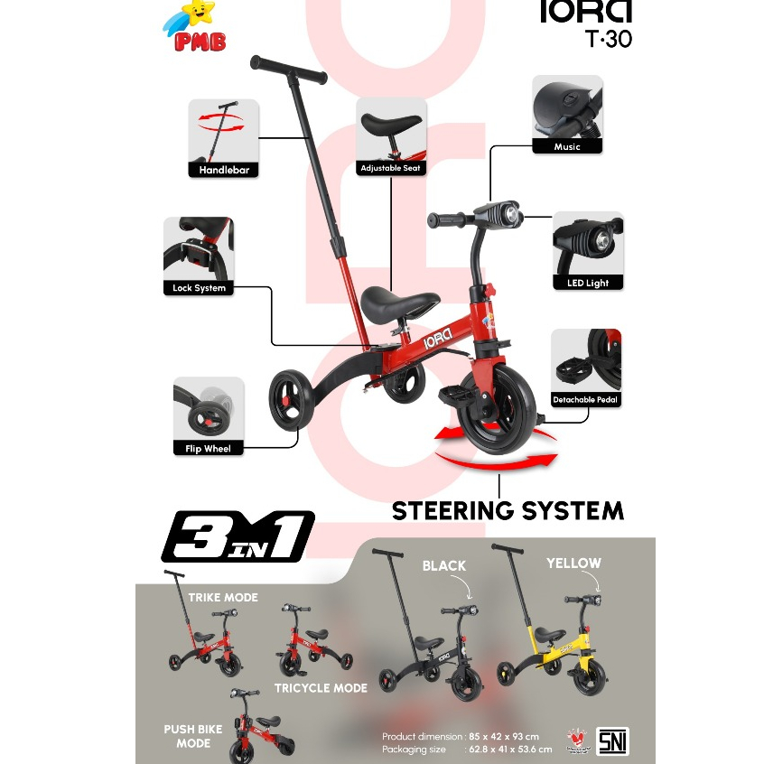 MAINAN ANAK SEPEDA IORA T30 - SEPEDA ANAK RODA 3 DENGAN HANDLEBAR - PMBToys