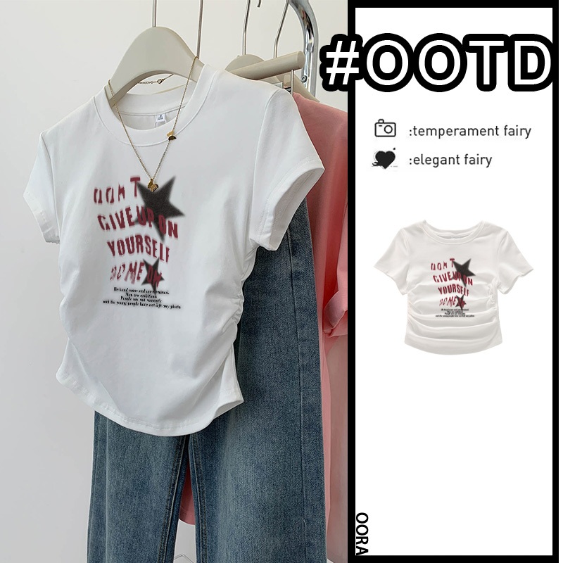 OORA Kaos crop wanita korea Kaos pendek bermotif Retro Stars Baju Wanita Crop Top Korea Crop Tee/baj