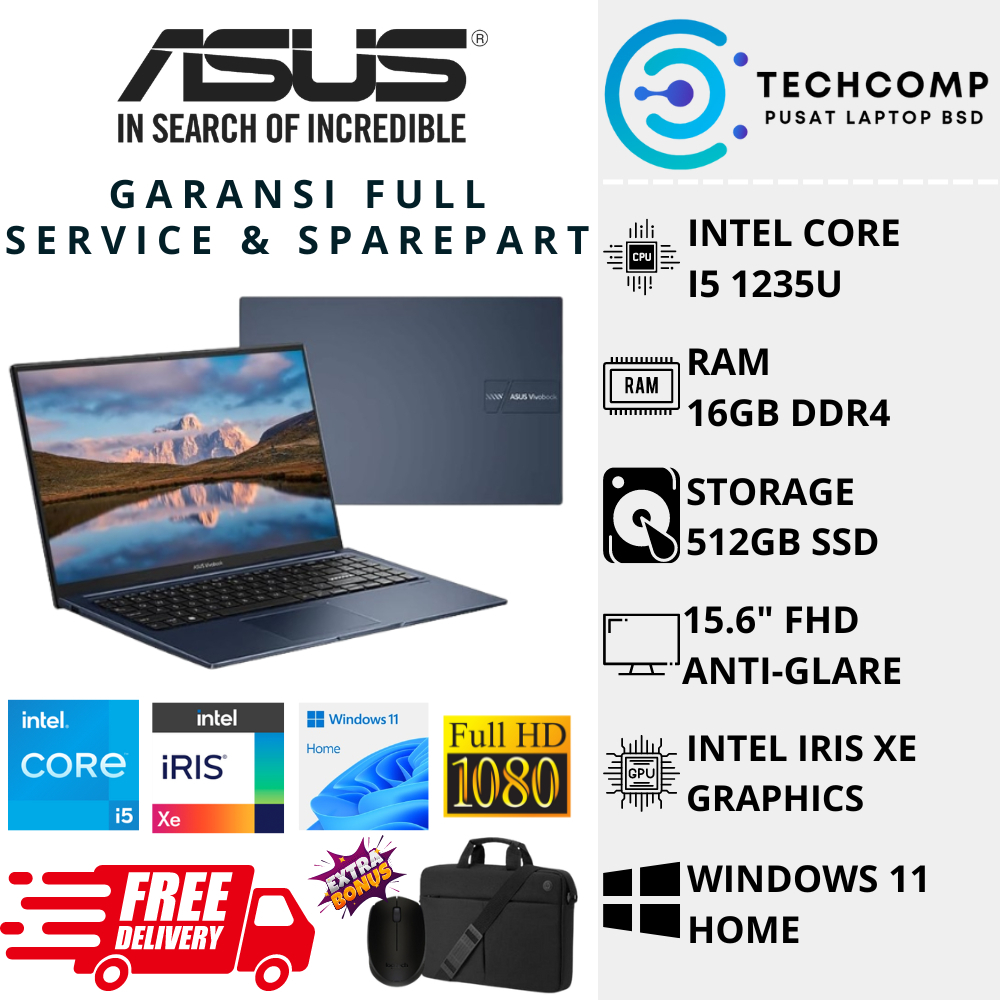 LAPTOP ASUS VIVOBOOK 15 F1504ZA INTEL CORE I5 1235U RAM 16GB 512GB SSD FHD WINDOWS 11 TERBARU ORIGIN