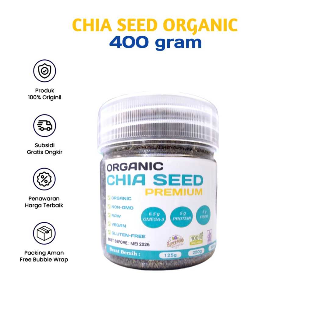 

Chia Seed Organic Premium 400gram I Biji Chia Kemasan Toples