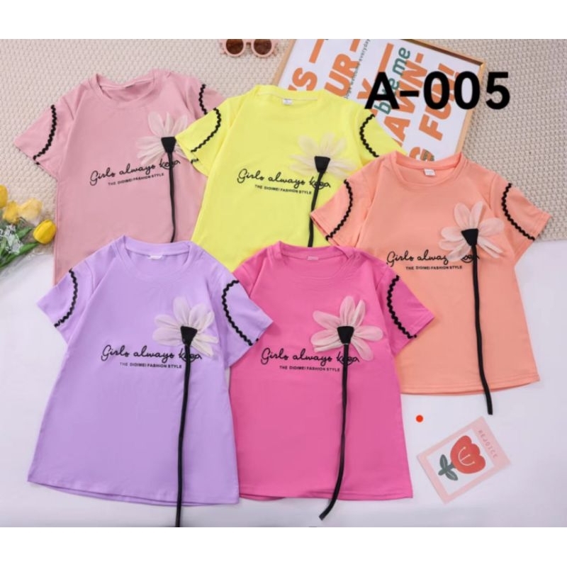 ATASAN KAOS BUNGA HITAM PUTIH WOLL IMPORT 5-10TAHUN UT341 ATASAN KAOS ANAK PEREMPUAN HARIAN ATASAN K