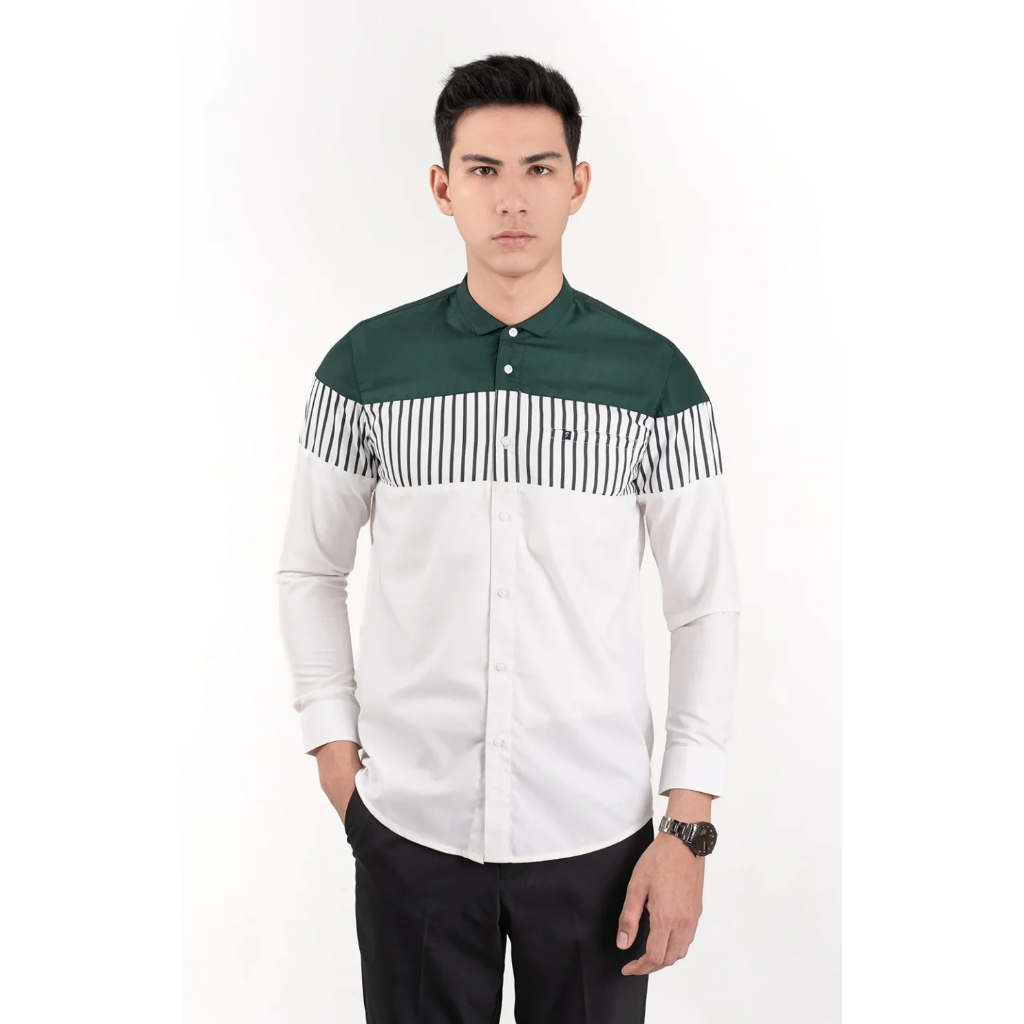BAJU KOKO PRIA MODERN FADKHERA WAJDI LENGAN PANJANG BROKEN WHITE DARK GREEN PUTIH HIJAU