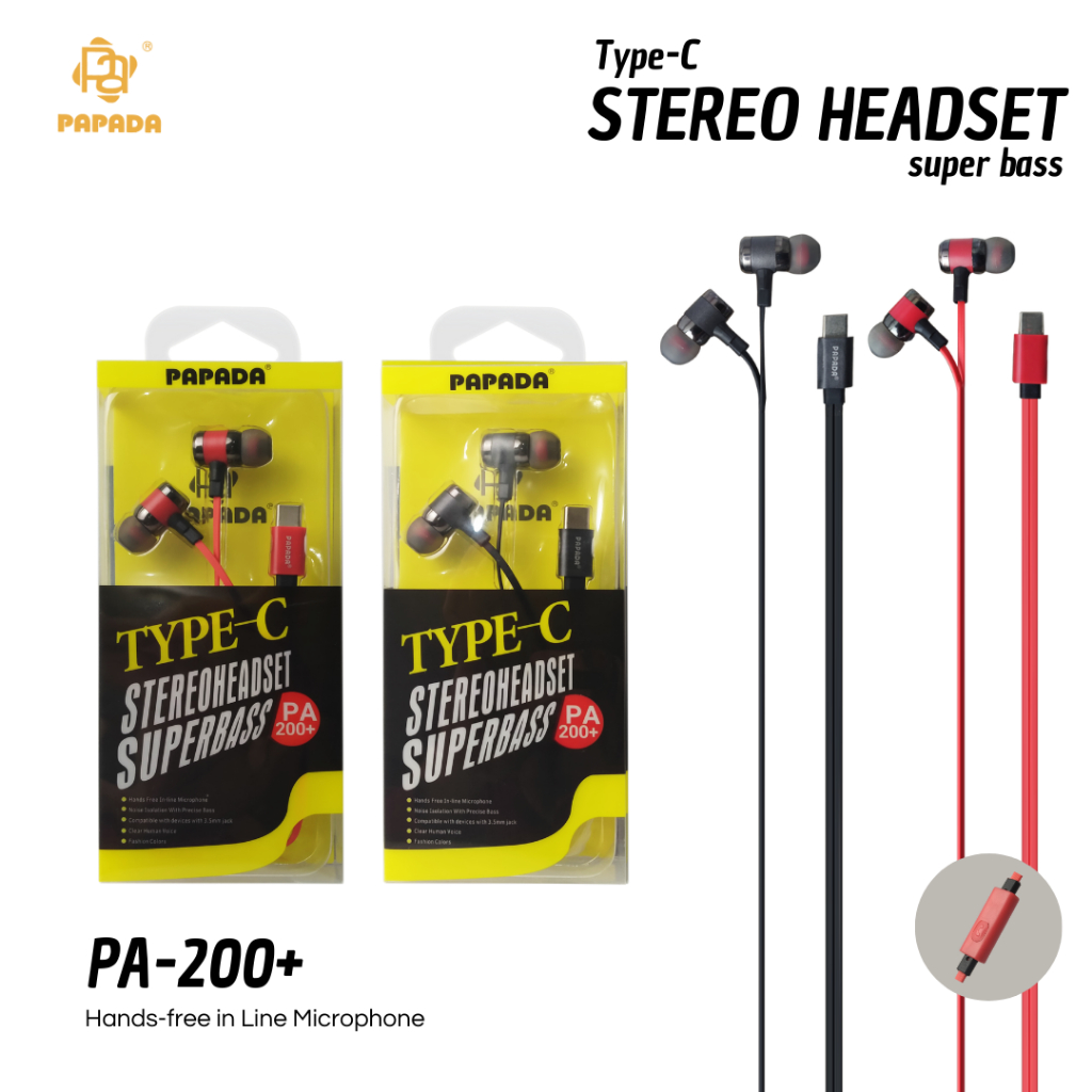 Handsfree Papada PA-200 Plus Headset Type C Handsfree Sport Earphone Papada 200+ Type-C Super Bass