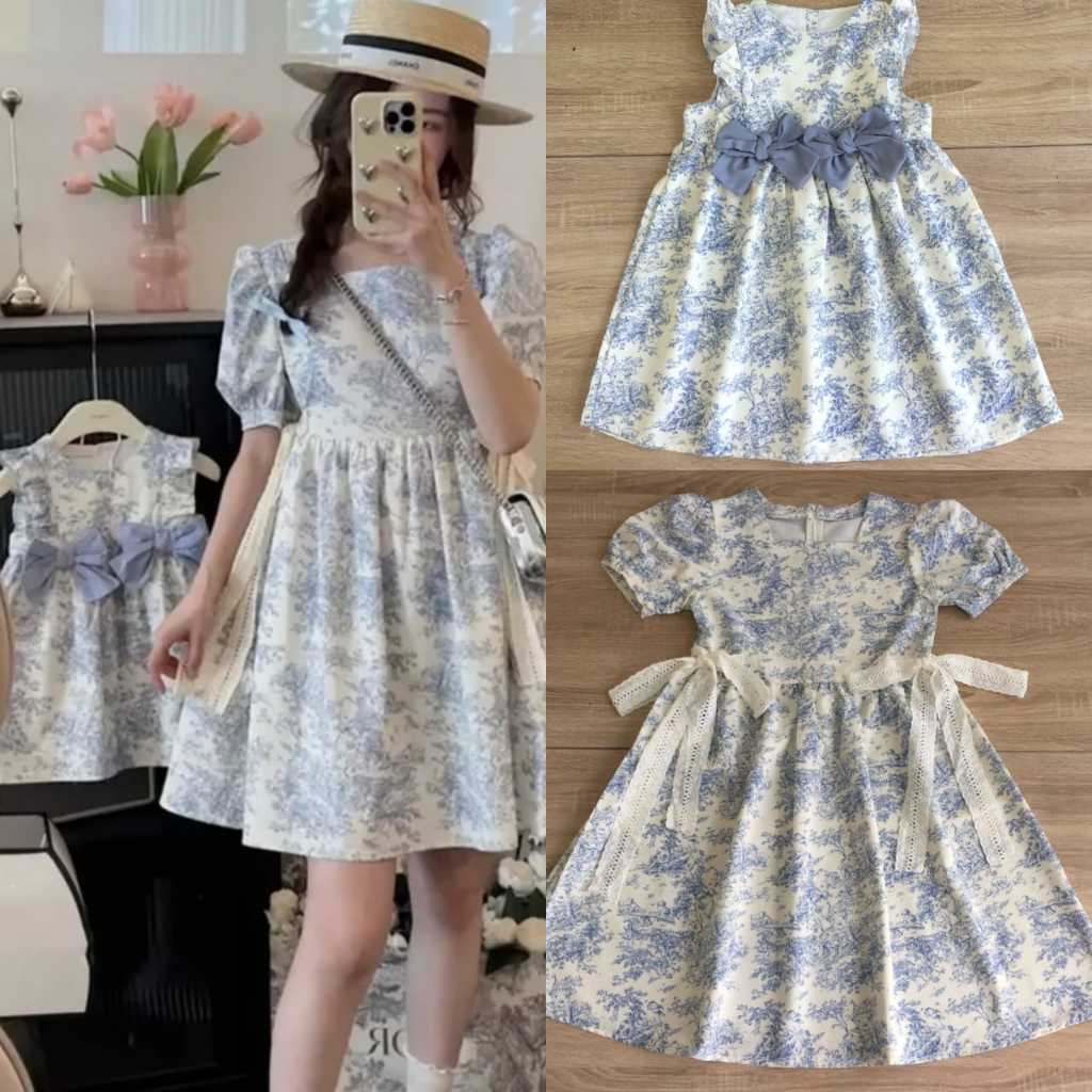 Dress mama anak dewasa remaja couple pasangan import premium putih biru gaun ibu anak motif batik