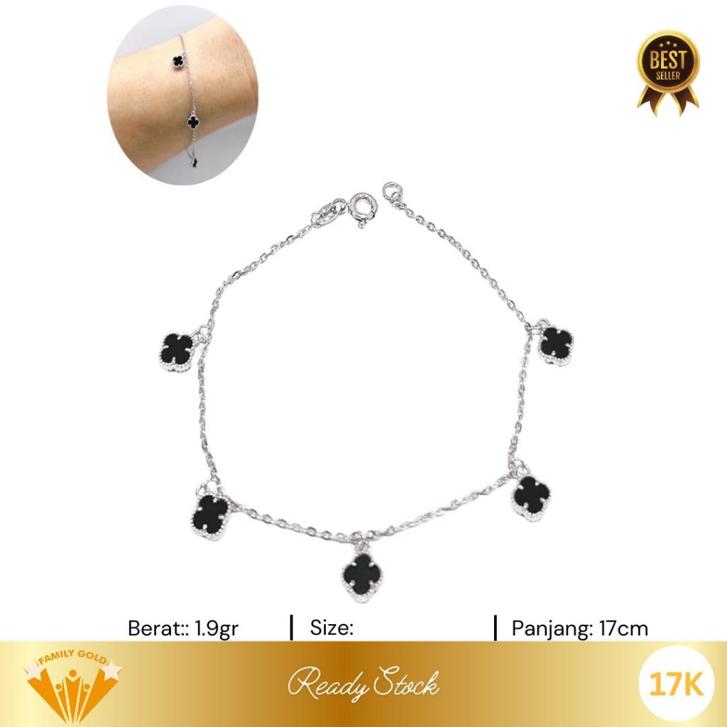 Gelang Emas White Gold Kadar 17K Model Clover Black Family Gold