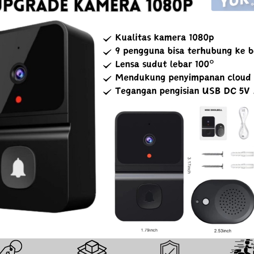 KF7 Bell Rumah Wireless Hitam  Bell Rumah Dengan Kamera 18p  Bell Rumah CCTV