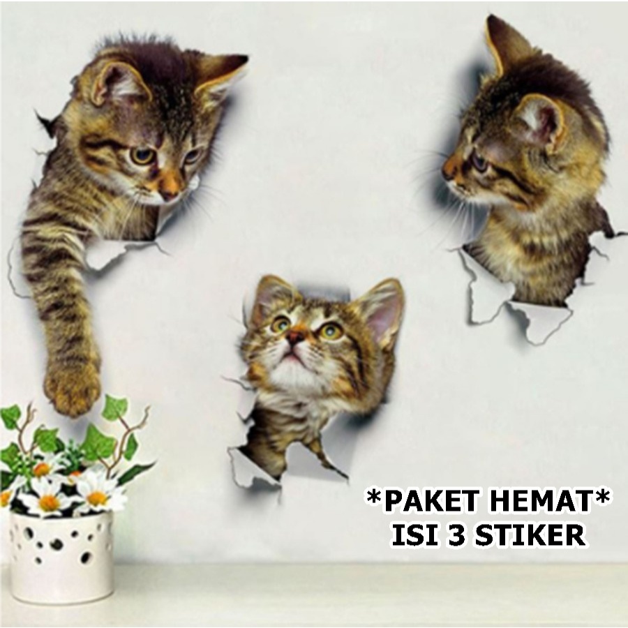 

PAKET HEMAT 3 Stiker kucing lucu 3D Sticker Hewan wall cat stickers Hiasan dinding dan mobil gambar seperti nyata