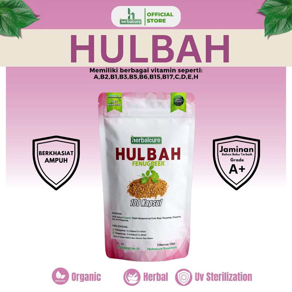 HULBAH Herbalcure Fenugreek Helbeh (Laktasi Asi, Rambut Rontok, Vitalitas) 100 Kapsul Organik