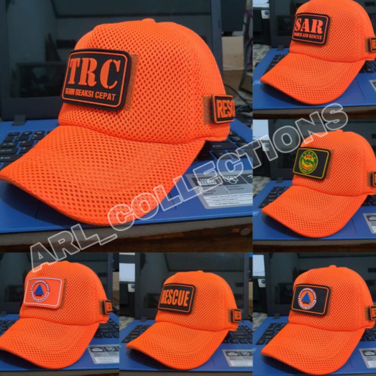 Terbaru Cashback Topi Jaring Double Mes Orange Bpbd  Rescue  Trc  Sar  Topi Jaring Velcro  3 Patch R