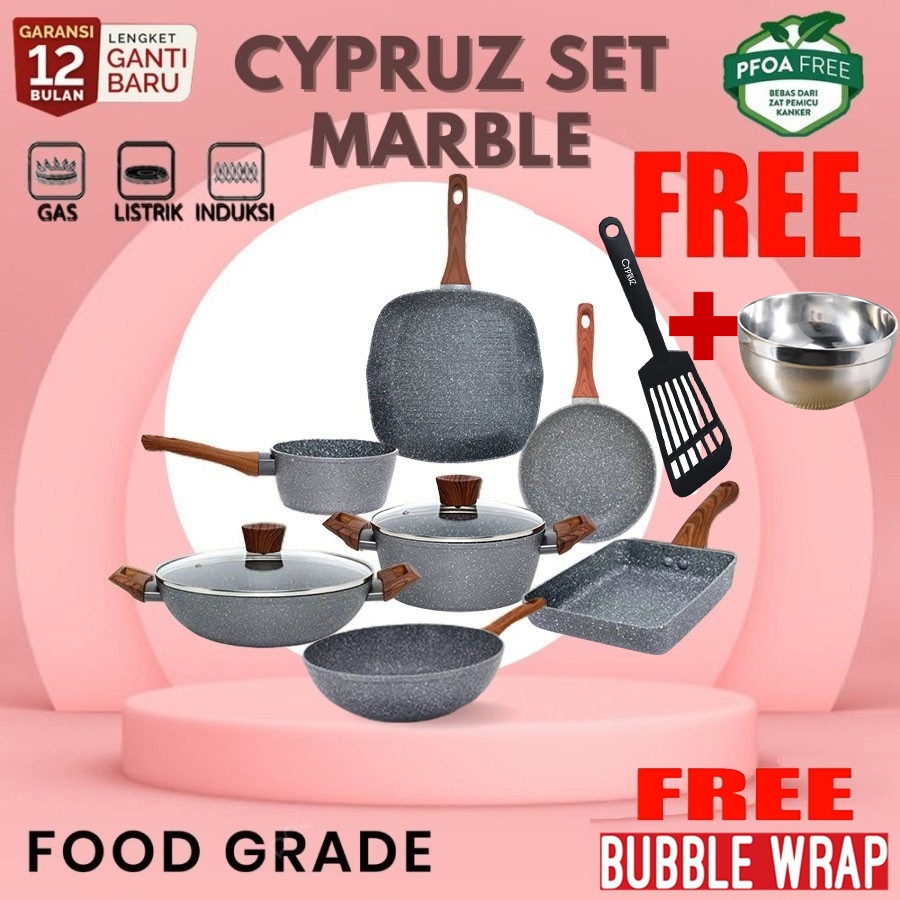 Cookware Cypruz Set Wok Sauce Pan Frypan Cyprus Marble 7 Pcs Panci Wajan Penggorengan Induksi