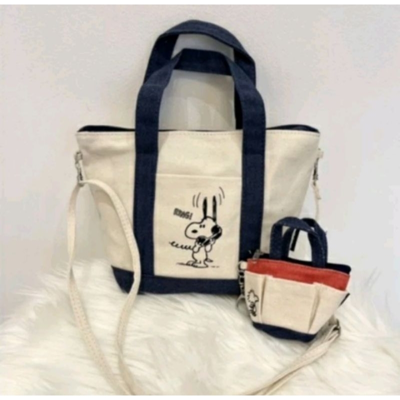 Tas Fashion Sling bag hand bag Snoppy List Blue White 2in1