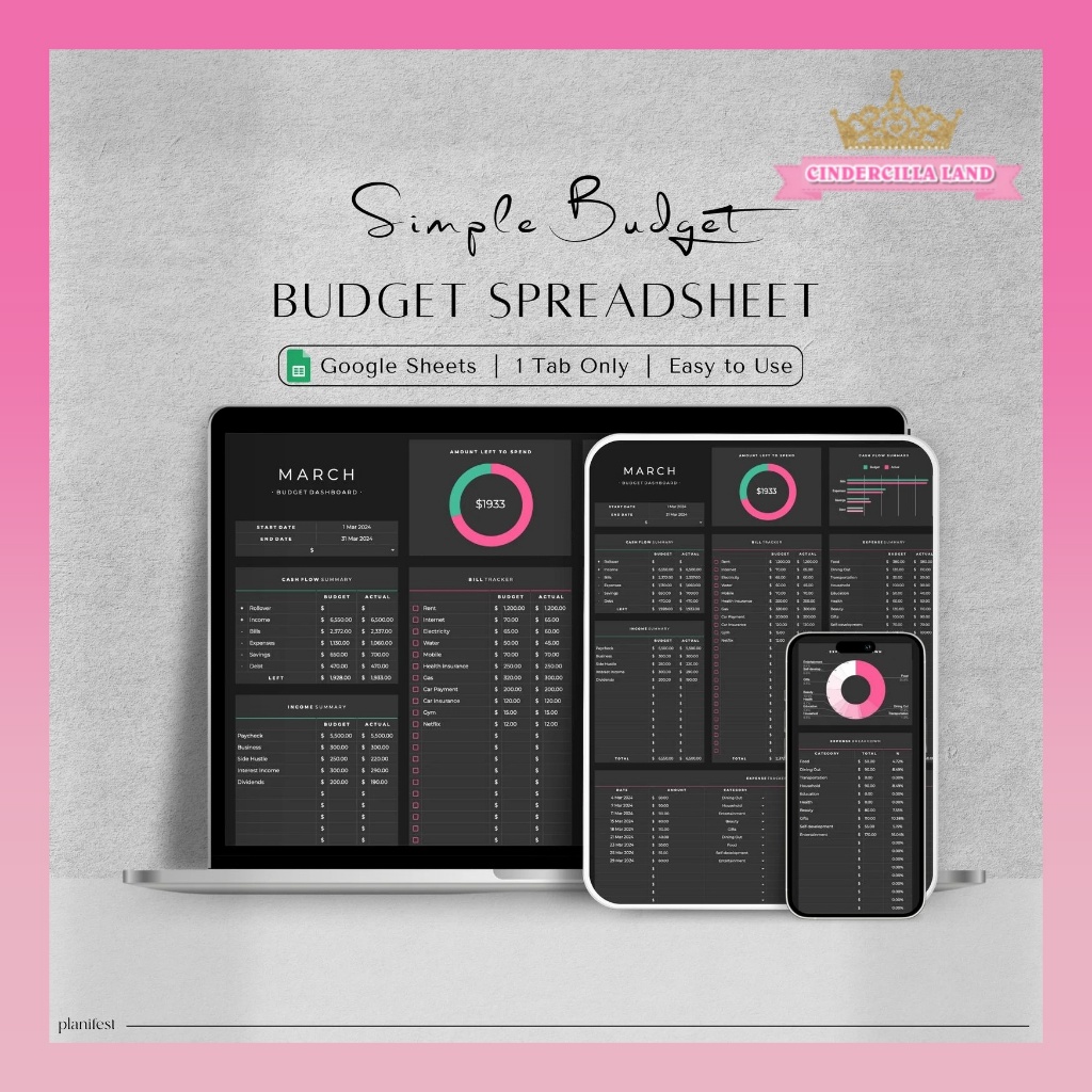 CINDERCILLA LAND Budget Planner for Google Sheets | Monthly Budget Template | Monthly Budget Spreads