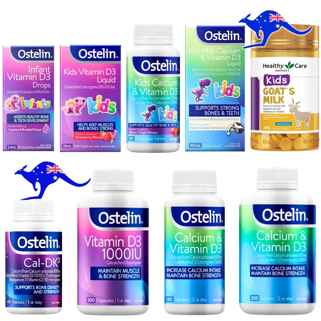 OSTELIN Calcium &amp; Vitamin D3 130 Tablets 300 / Vit D 1000iu Capsules 1000 iu Kapsul / Cal-DK2 60 // Kids 90 Chewable Tablet Kunyah / Milk Calcium 90mL / Liquid D3 20mL 20 mL Anak / Infant D3 Drops Drop Baby Bayi / Healthy Care Goat's Goat Goats