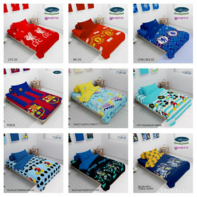 Sprei california 90x200(Single)/no 5 motif bola/karakter anak:Lfc,Mu,barca/fcb/chelsea,mickey mouse,