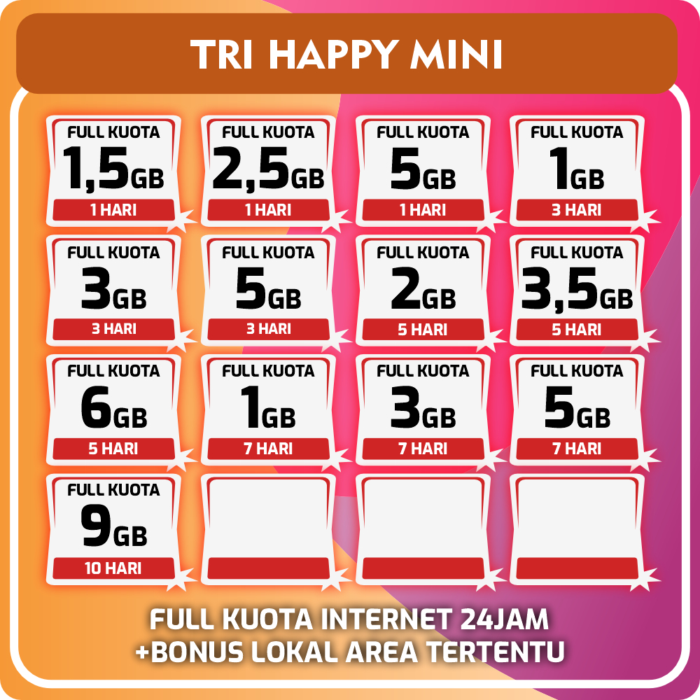 Isi Ulang Kuota Tri Murah Happy Full Reguler 1GB 10GB 30GBUnlimited 24jam 3hari 5hari 30hari