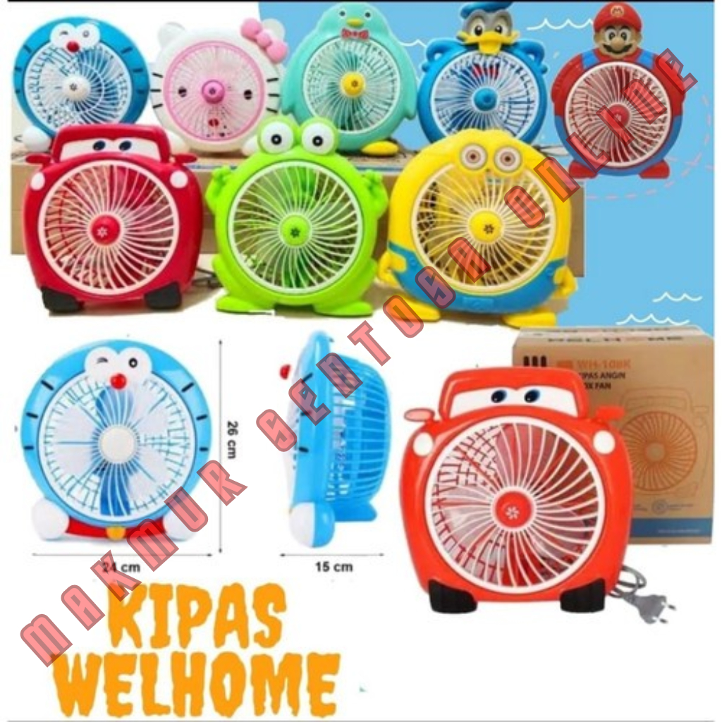 kipas angin karakter welhome 10" inch portable kipas meja doraemon minion mario hello kitty