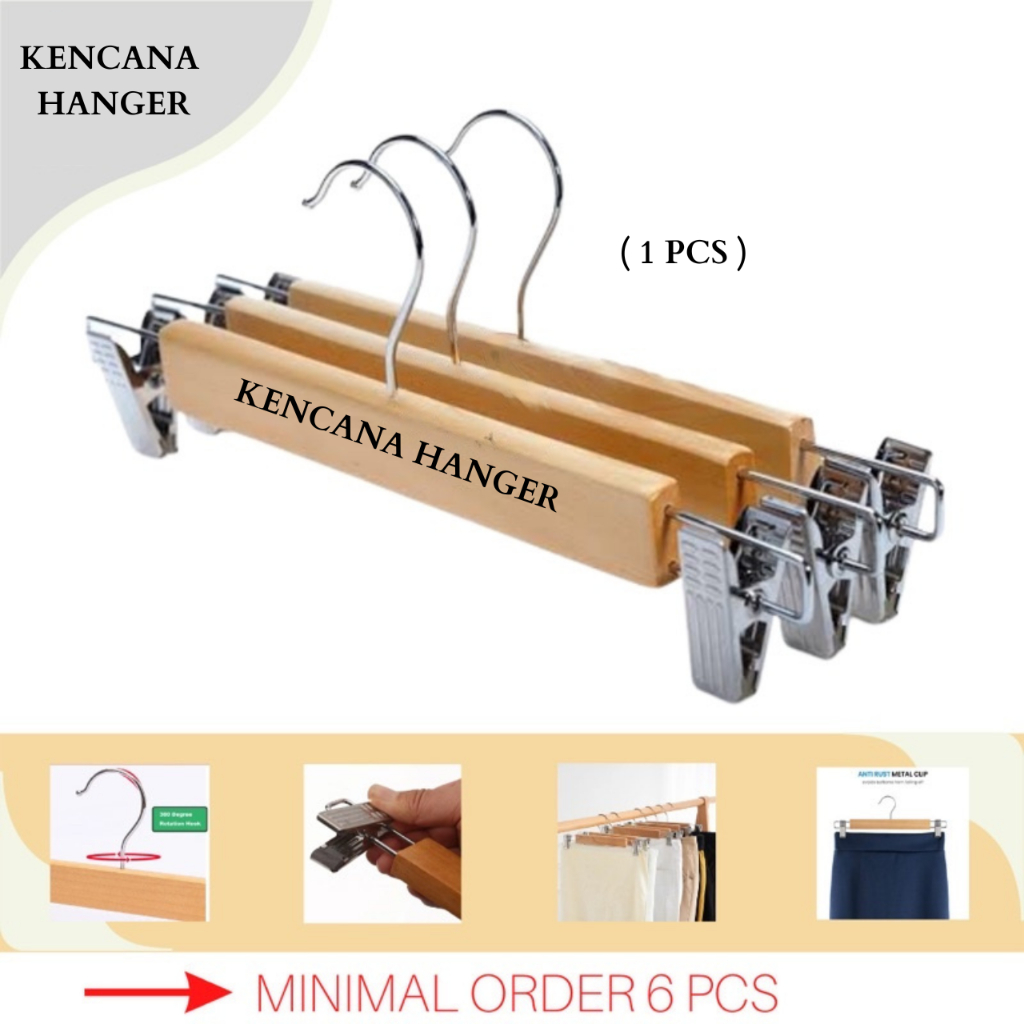 Hanger Kayu Jepit Besi 262 Dewasa Natural / Gantungan Celana Jeans Pakaian Rok Perpcs