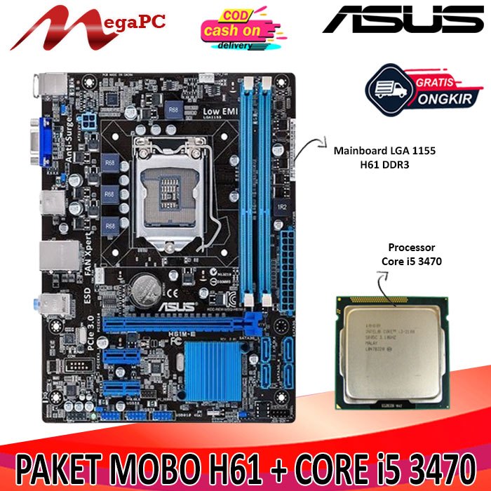 Paket Motherboard LGA 1155 H61 Ddr3 + Processor Core i5 3470