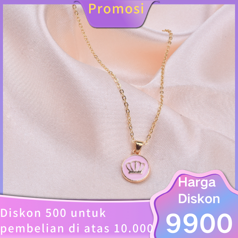 Kalung Wanita Titanium Liontin Lingkaran Dengan Mahkota Di Tenggahnya
