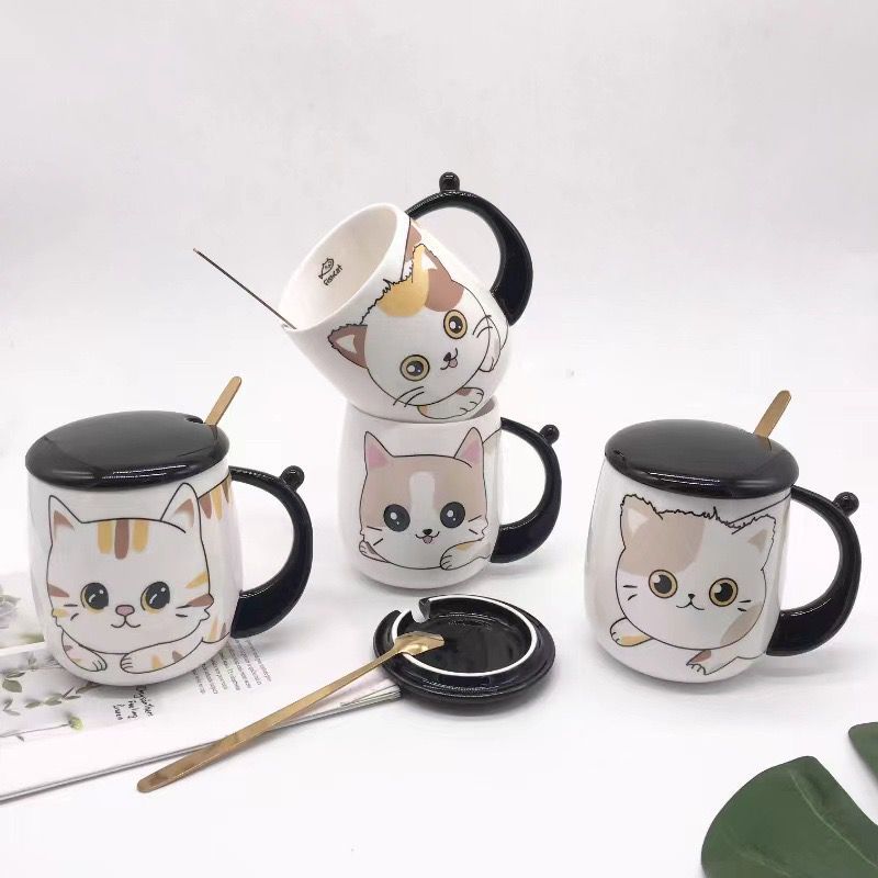 Mug kucing hitam putih, Mug kucing dengan tutup, Mug kucing dengan sendok, Mug kucing lucu