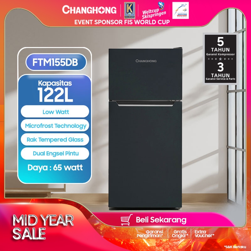 Changhong  Kulkas 2 Pintu  (Refrigerator) Lemari Es  Kapasitas 122 Liter FTM155DB Black (Semi Auto Defrost) (Kulkas Minimalis Design Korean Look) (Kulkas Fleksibel) (Kombinasi Pendingian Dan Pembekuan) ( Kulkas Temperred Glass)