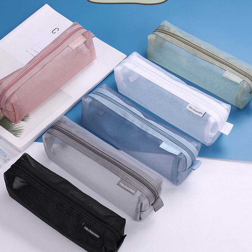 

KF7 MILOLI Kotak Pensil Transparant Rectangle Portabel Tempat Pensil Jaring Resleting Stationery F245