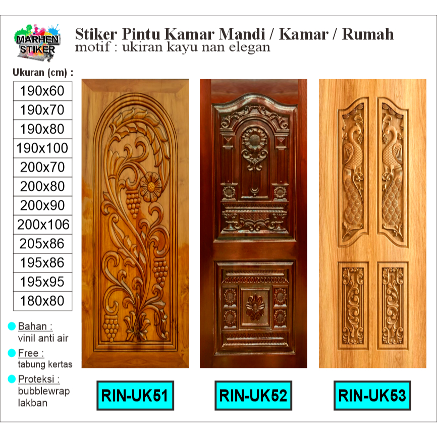 Stiker Pintu Kamar Mandi / Pintu Kamar / Pintu Rumah Motif Ukiran Kayu Bahan Vinil Anti Air