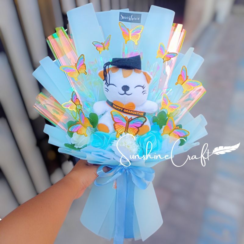 Buket Kupu-kupu Rainbow Boneka Kucing Wisuda LED| Buket Wisuda | Graduation Bouquet| Buket LED